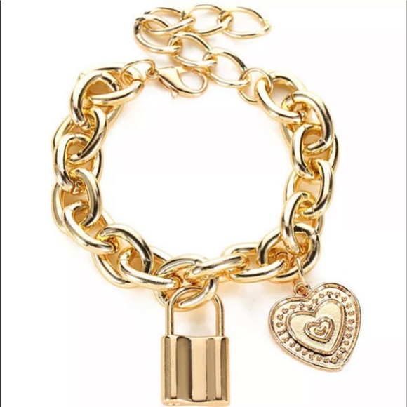 Gold Lock And Heart Charm Bracelet - Picture 2 of 3
